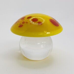 Vtg 1.75” Orrefors Glass Mushroom Yellow Red Spots Signed Handmade Paperweight